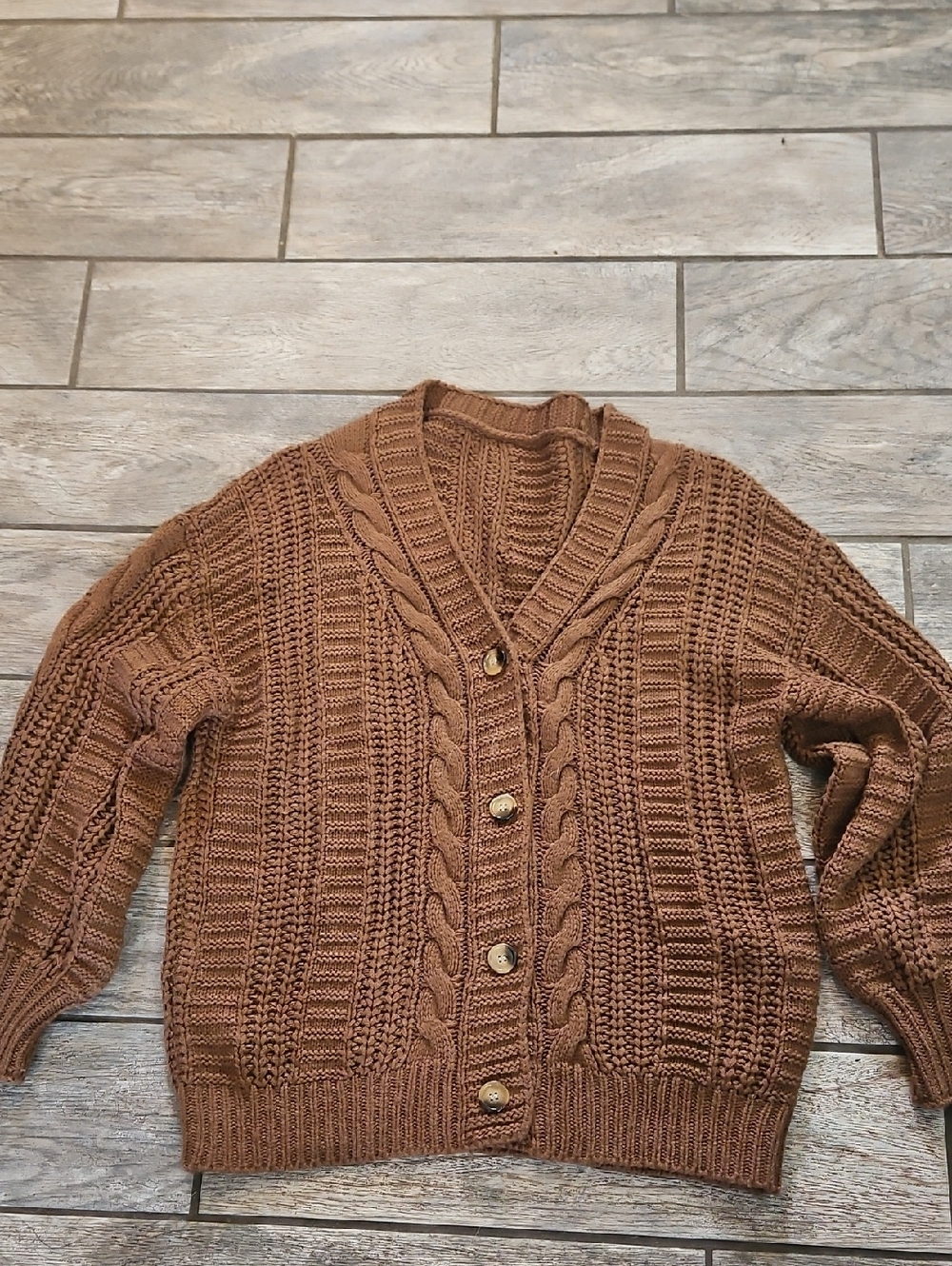 SHEIN Brown Cable-Knit Button Cardigan